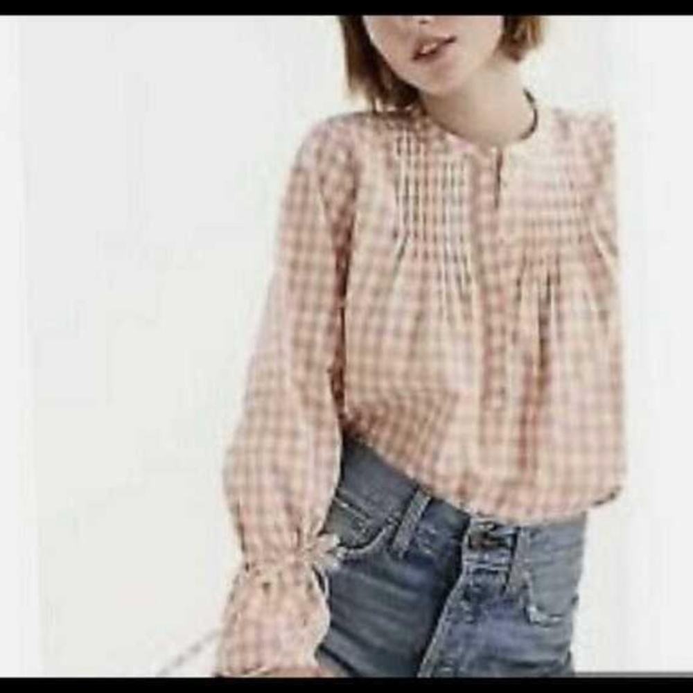 NWT NEW J. Crew Black and White Gingham Top Bell Tie Sleeves